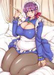  1girl blush breasts cleavage cleavage_cutout erect_nipples feet hands_on_feet large_breasts looking_at_viewer maid_headdress open_mouth original orizen pantyhose plump purple_hair short_hair sitting smile solo thick_thighs thighs violet_eyes wide_hips 