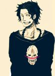  1boy freckles jewelry jolly_roger male_focus monochrome necklace one_piece portgas_d_ace smile solo whitebeard_pirates 