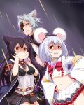  angry animal_ears bangs bare_shoulders black_hair bow breasts commentary_request erune eyebrows_visible_through_hair felutiahime flat_chest flower gem granblue_fantasy grey_hair hair_between_eyes highres long_hair looking_at_viewer medium_breasts navel nier_(granblue_fantasy) purple_flower red_bow red_eyes short_hair skirt smile vikala_(granblue_fantasy) white_skirt 