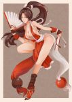  1girl breasts cleavage fan fatal_fury highres knot large_breasts mst1ng ponytail rope shiranui_mai smile snk solo 