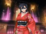  1girl black_hair blue_eyes breasts choker closed_mouth female floral_print fuuma_tokiko hand_on_hip japanese_clothes kagami_hirotaka kimono lilith-soft long_hair long_sleeves print_kimono solo standing tagme taimanin_asagi taimanin_asagi_battle_arena 