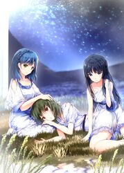  3girls bangs black_hair blue_eyes blue_hair blurry braid commentary_request depth_of_field dress grass green_hair highres idolmaster idolmaster_million_live! long_hair looking_at_viewer mogami_shizuka multiple_girls nagayoshi_subaru nanao_yuriko red_eyes ro_risu short_hair smile white_dress yellow_eyes 