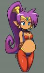  1girl blue_eyes breasts cleavage dark_skin earrings female highres jewelry makoto_yabe official_art photoshop pointy_ears ponytail pregnant purple_hair shantae shantae_(character) shantae_and_the_pirate&#039;s_curse solo 