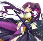  1girl artist_request bodysuit female fukushima_masanori gloves kyoukaisenjou_no_horizon long_hair ponytail purple_hair purple_legwear solo spear very_long_hair violet_eyes weapon 