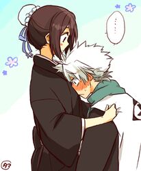  ... 1boy 1girl bleach blush brown_hair hair_bun hinamori_momo hitsugaya_toushirou japanese_clothes scarf tama-chan_(momomomijisakura) white_hair 