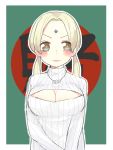  1girl blonde_hair blush breasts brown_eyes cleavage cleavage_cutout facial_mark forehead_mark iyo_(iyotanntann) jewelry large_breasts long_hair looking_at_viewer low_twintails naruto necklace open-chest_sweater ribbed_sweater solo sweater tsunade twintails 