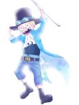  1boy bandage blonde_hair cravat hat highres male_focus missing_tooth one_piece open_mouth pole sabo_(one_piece) simple_background solo top_hat weapon younger 