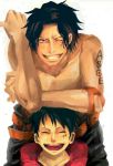  2boys belt brothers closed_eyes freckles monkey_d_luffy multiple_boys one_piece portgas_d_ace scar siblings smile tattoo topless wink 