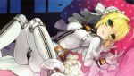  absurdres ahoge artist_request bed blonde_hair blush bodysuit fate/extra fate/stay_night fate_(series) flower green_eyes happy highres pillow saber saber_bride saber_extra short_hair 