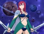  1girl bikini breasts cleavage erza_scarlet fairy_tail highres holding holding_weapon large_breasts long_hair midriff navel redhead screencap shoulder_pads stitched swimsuit sword under_boob weapon 
