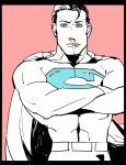  1boy belt bodysuit border cape crossed_arms dc_comics injury justice_league kal-el kryptonian limited_palette s_shield solo superman superman_(series) 