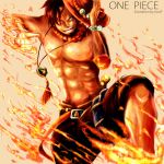  1boy belt copyright_name fighting_stance fire hand_on_headwear hat highres jewelry muscle necklace one_piece portgas_d_ace shorts smile solo stampede_string topless 