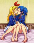  2girls aikatsu! bare_legs barefoot blazer blonde_hair blue_hair blush feet french_kiss hair_ribbon hand_holding hoshimiya_ichigo kiriya_aoi kiss long_hair mitamura-kun_(landcell) multiple_girls on_bed panties pantyshot ribbon school_uniform scrunchie side_ponytail skirt toes underwear yuri 