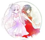  2girls black_hair blue_eyes breasts cleavage commentary dress earrings grey_eyes iesupa jewelry multiple_girls ponytail red_dress ruby_rose rwby weiss_schnee white_dress white_hair 