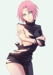  1girl artist_request bodysuit breasts covering covering_breasts facial_mark forehead_mark green_eyes haruno_sakura looking_at_viewer naruto pink_hair short_hair solo sweat torn_clothes 