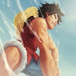  1boy black_hair blue_sky hat headwear_removed injury male_focus monkey_d_luffy one_piece shorts sky solo stampede_string steam straw_hat vest 