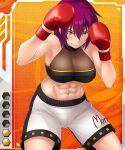  1girl abs armpits bangs bare_shoulders boxing boxing_gloves breasts card_(medium) character_name checkered checkered_background cleavage clothes_writing cowboy_shot crop_top fighting_stance gradient gradient_background gym_shorts hair_between_eyes halterneck hands_up large_breasts light_smile lilith-soft mari_foreman midriff muscle navel nobushito_kuro official_art purple_hair short_hair shorts smile solo standing taimanin_asagi taimanin_asagi_battle_arena taut_clothes turtleneck yellow_eyes 