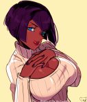  1girl artist_name bangs black_hair blue_eyes bob_cut breasts cleavage d-ryuu dark_skin eliza_(skullgirls) erect_nipples female hands_together large_breasts licking_lips lipstick lowres makeup nail_polish naughty_face open-chest_sweater short_hair skullgirls solo sweater tongue tongue_out upper_body yellow_background 