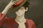  1boy black_hair glaring hand_on_headwear hat hat_over_one_eye koga long_sleeves looking_at_viewer male_focus monkey_d_luffy one_piece red_shirt scar shirt solo straw_hat 
