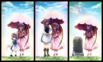  2girls age_progression boots bow braid dress female grass grave hat headdress izayoi_sakuya knife maid michi_(hanako5200) multiple_girls remilia_scarlet touhou umbrella vampire wings 