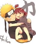  1boy 1girl :d blonde_hair blue_eyes brown_eyes carrying chikara_arc_(naruto) facial_mark forehead_protector hair_ornament headband hug looking_at_viewer miina_(naruto) naruto naruto_shippuuden o96ap open_mouth redhead smile uzumaki_naruto wink 