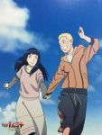  1boy 1girl blue_sky casual couple hand_holding hime_cut hood hoodie hyuuga_hinata long_skirt naruto naruto:_the_last official_art running scan skirt sky spiky_hair undershirt uzumaki_naruto whiskers 