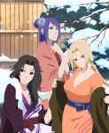  3girls alternate_costume black_hair blonde_hair blue_hair breasts brown_eyes cleavage curly_hair facial_mark forehead_mark highres japanese_clothes kimono konan labret_piercing large_breasts long_hair multiple_girls naruto naruto_shippuuden red_eyes short_hair sitting snow standing stiky_finkaz tsunade twintails yuuhi_kurenai 