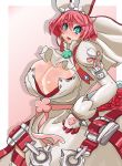  1girl ahoge aqua_eyes arc_system_works belt blush breasts bridal_veil cleavage clover dress elphelt_valentine female four-leaf_clover gloves guilty_gear guilty_gear_xrd huge_breasts looking_at_viewer open_mouth pink_hair ribbon shiny shiny_skin short_hair solo spikes urx_ura veil wedding_dress white_dress 