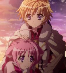  1boy 1girl blonde_hair dog_days millhiore_f_biscotti pink_hair screencap shinku_izumi sunset violet_eyes 