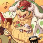 4boys alternate_costume bespectacled book bowser bowser_jr. claws coat cup father_and_son glasses horns lemmy_koopa male_focus masa_(bowser) morton_koopa_jr. multiple_boys musical_note nintendo open-chest_sweater redhead suit super_mario_bros. sweater 