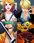  1girl 3boys bandage black_hair blonde_hair breasts cape cigarette cleavage dual_wielding earrings enies_lobby fire goggles green_hair jewelry mask mirage multiple_boys nami_(one_piece) one_piece orange_hair roronoa_zoro sanji smoking suit sword usopp weapon 
