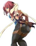  1girl ass bent_over blue_eyes breasts from_behind from_below hair_tubes ishiwari leaning leaning_forward looking_back looking_down pants pantylines redhead rose_(tales) short_hair sideboob solo sword tales_of_(series) tales_of_zestiria tight_pants weapon 