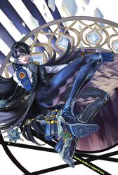  1girl aiming_at_viewer bayonetta bayonetta_(character) bayonetta_2 black_hair blue_eyes bodysuit earrings female glasses gun high_heels jewelry lipstick looking_at_viewer makeup mole short_hair solo weapon wink 