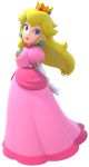 1girl absurdres arms_behind_back blonde_hair blue_eyes brooch crown dress earrings elbow_gloves gloves head_tilt highres jewelry long_dress long_hair looking_at_viewer looking_to_the_side mario_party official_art princess_peach puckered_lips solo super_mario_bros. wind