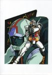  aiming aiming_at_viewer amuro_ray gun gundam highres mikimoto_haruhiko mobile_suit_gundam official_art pilot_suit rx-78-2 scan weapon 