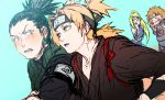  2boys 2girls akimichi_chouji black_hair blonde_hair blush brown_hair covering_mouth earrings forehead_protector green_eyes headband jewelry laughing long_hair multiple_boys multiple_girls nara_shikamaru naruto naruto_shippuuden ponytail quad_tails temari tinami_(murasaki1783) yamanaka_ino 