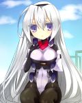  1girl android artist_request black_legwear blue_eyes bodysuit female horizon_ariadust kyoukaisenjou_no_horizon long_hair silver_hair solo very_long_hair 