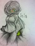 1girl artist_request black_hair character_name copyright_name fruit green_eyes isil isis-chan melon original personification source_request tagme traditional_media 