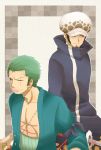  2boys earrings green_hair hat jewelry male_focus multiple_boys one-eyed one_piece open_clothes open_shirt roronoa_zoro scar shirt sword trafalgar_law weapon 