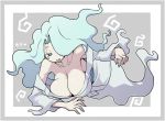  1girl bare_shoulders blue_hair blush_stickers breasts cleavage enraenra ghost_tail hair_over_one_eye huge_breasts kara_age long_hair lying open_mouth smile solo youkai_watch 