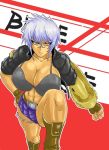  1girl abs angry blazblue blazblue:_chronophantasma blue_hair breasts bullet_(blazblue) cleavage dark_skin jacket large_breasts scar short_hair solo 