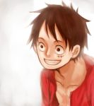  1boy headwear_removed male_focus monkey_d_luffy one_piece red_shirt scar shirt smile solo 