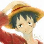  1boy black_hair character_name hand_on_head hand_on_headwear hat long_sleeves male_focus monkey_d_luffy one_piece open_clothes open_shirt red_shirt scar shirt simple_background solo straw_hat white_background 