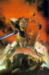  damaged energy_sword gundam kazuhisa_kondo mecha mobile_suit_gundam official_art rx-78-2 shield sword weapon zaku 