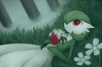  1girl artist_request expressionless female flower gardevoir green_hair hair_over_one_eye lying nature nintendo plant pokemon pokemon_(game) red_eyes solo 