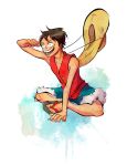  1boy denim denim_shorts hat headwear_removed indian_style male_focus monkey_d_luffy one_piece shorts sitting smile solo stampede_string straw_hat vest 