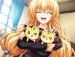  blonde_hair cat closed_eyes game_cg hug kurayashiki_tae long_hair open_mouth school_uniform smile tomose_shunsaku 