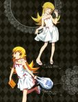  1girl absurdres bag bangle blonde_hair blush_stickers bracelet dress dual_persona highres jewelry long_hair monogatari_(series) mouth_hold official_art oshino_shinobu pointy_ears product_placement sandals scan skirt_hold sugiyama_nobuhiro sundress watanabe_akio white_dress wink yellow_eyes 