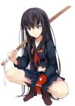  1girl black_hair blue_eyes bokken boots efe eyebrows frown gloves kill_la_kill kiryuuin_satsuki long_hair navel school_uniform senketsu serafuku skirt solo spoilers squatting sword thick_eyebrows very_long_hair weapon wooden_sword 