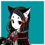 aqua_background armor bell border cat_ears hikimayu japanese_clothes kintaro kote samurai short_hair simple_background sode white_skin 